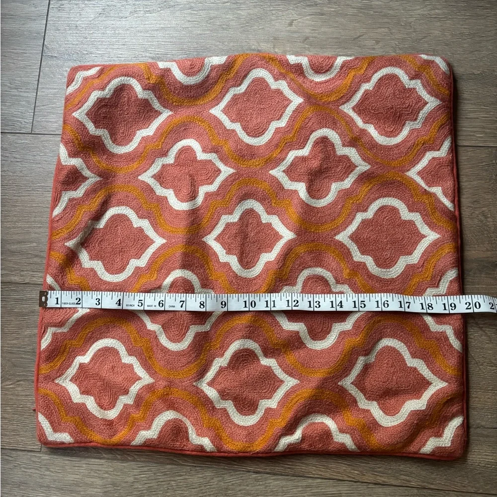 Wisteria Crewel Wool Orange Pink Geometric Pillow Cover Sham 20x20 Square